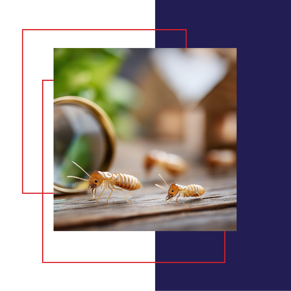 Termites crawling on wood with a magnifying glass and wooden house in the background.