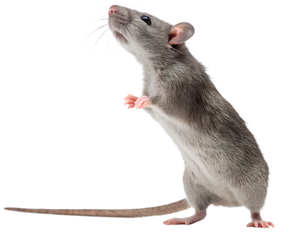 Gray rat standing upright, looking up.