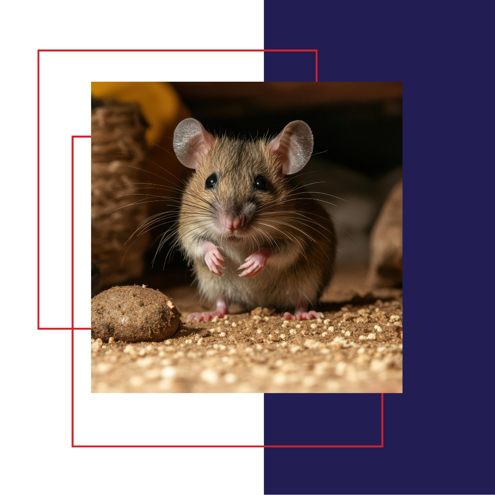 Mouse with large ears, standing on speckled surface, inside a structure, looking forward.