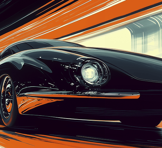 A black sports car is driving on an orange background