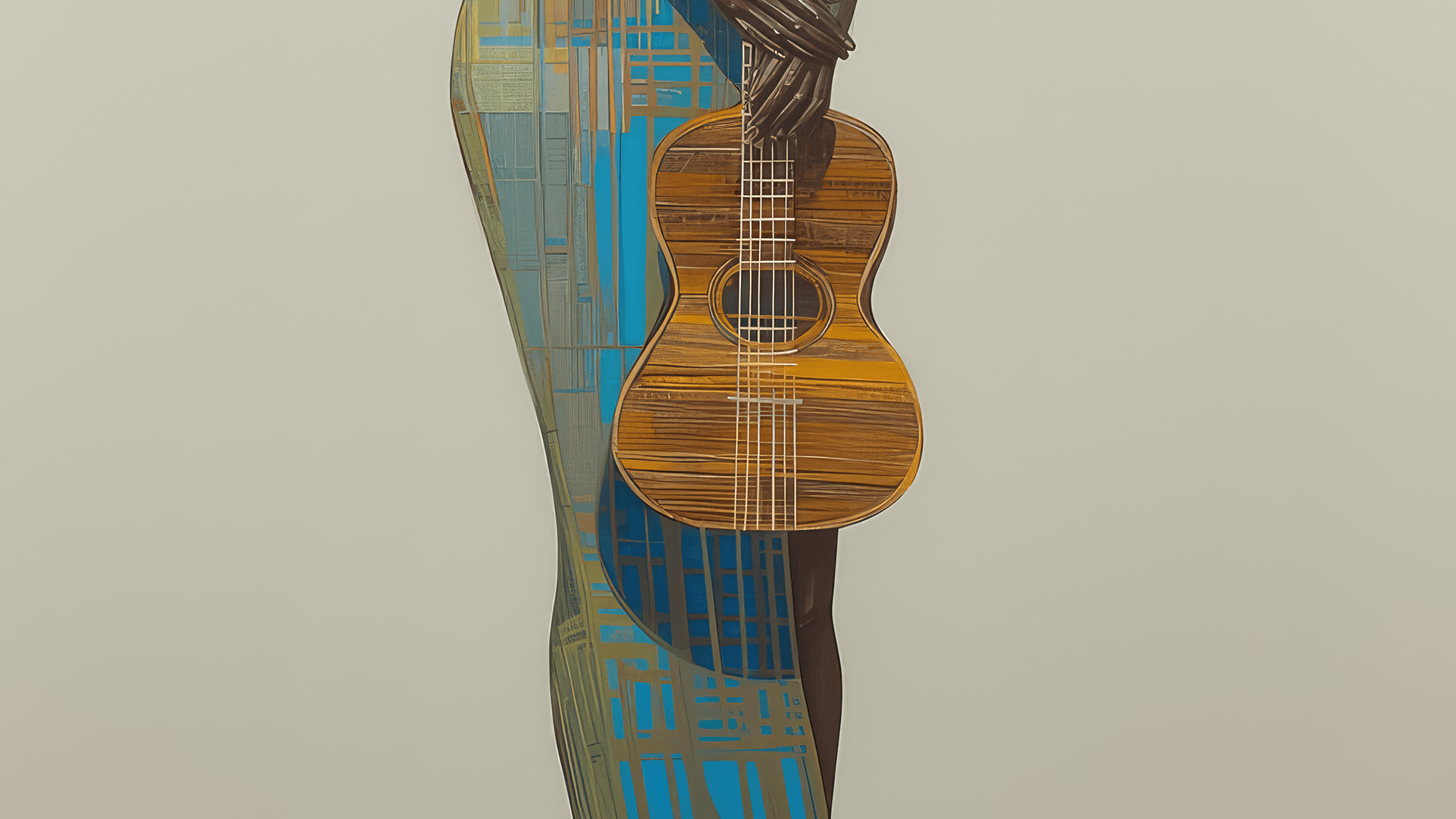 A painting of a guitar hanging from a tree branch.