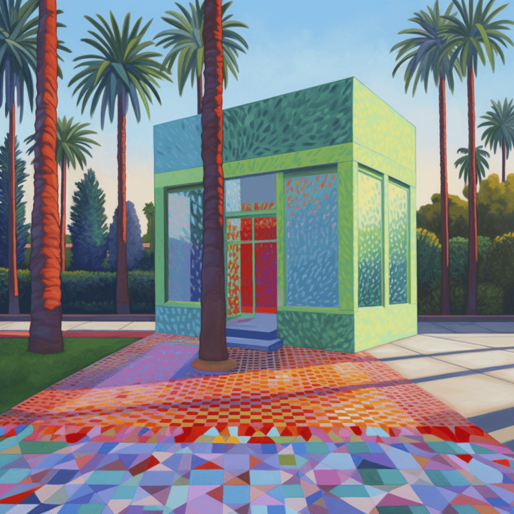 A painting of a green building surrounded by palm trees