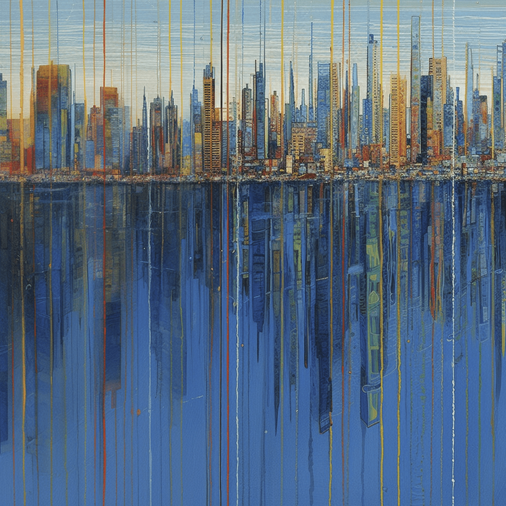 A painting of a city skyline reflected in a body of water.
