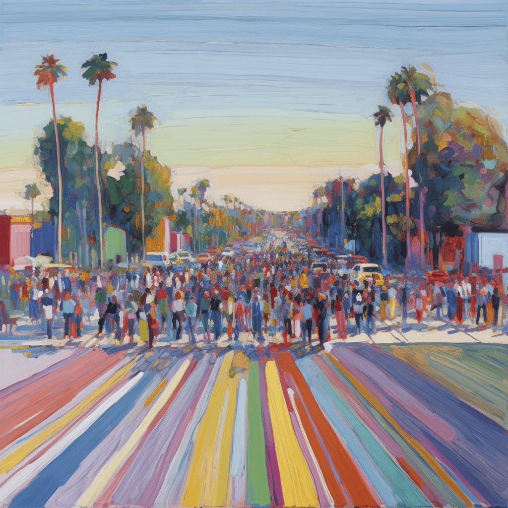 A painting of a crowd of people walking down a street