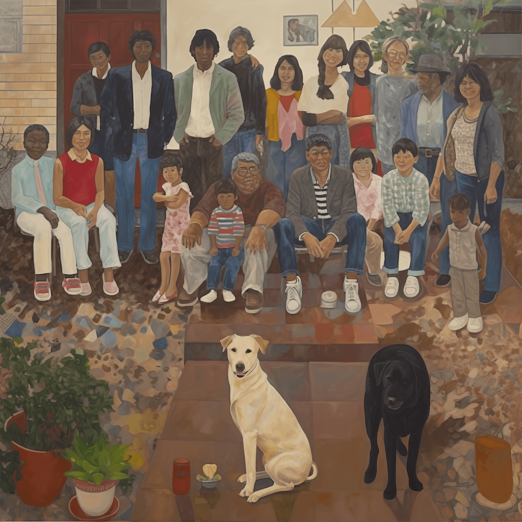 A painting of a family with a dog in the middle
