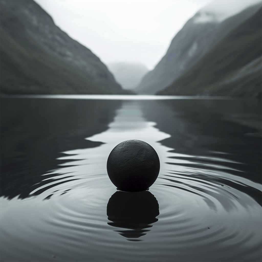 A black ball is floating in a lake with mountains in the background
