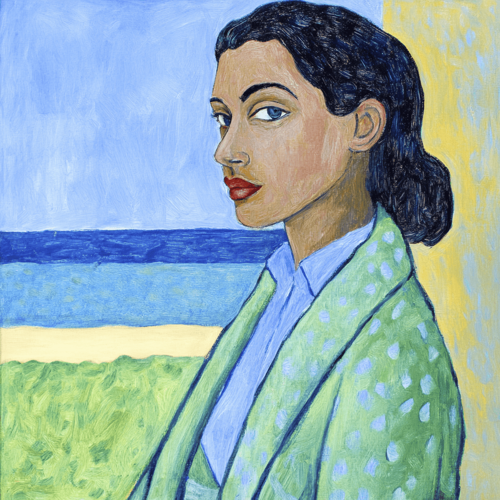 A painting of a woman in a green jacket