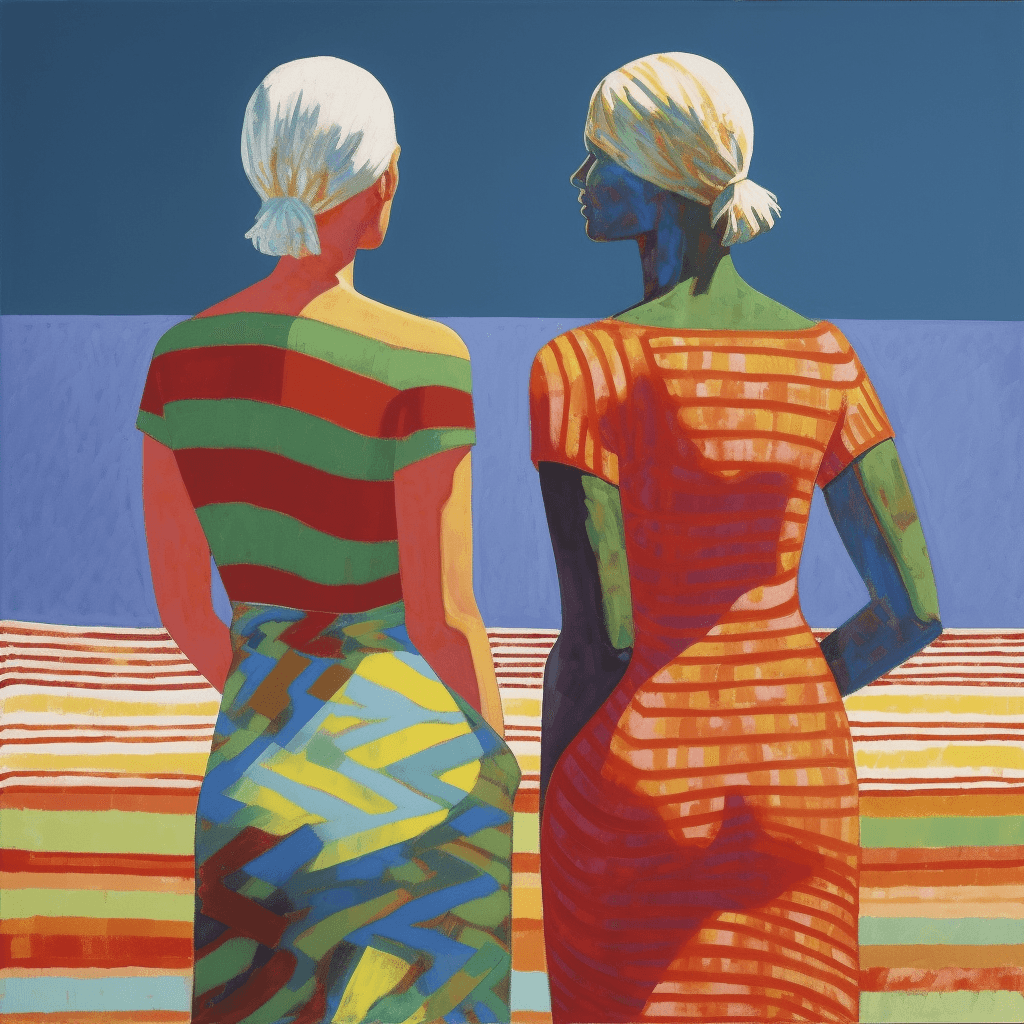 A colorful painting of two women standing next to each other