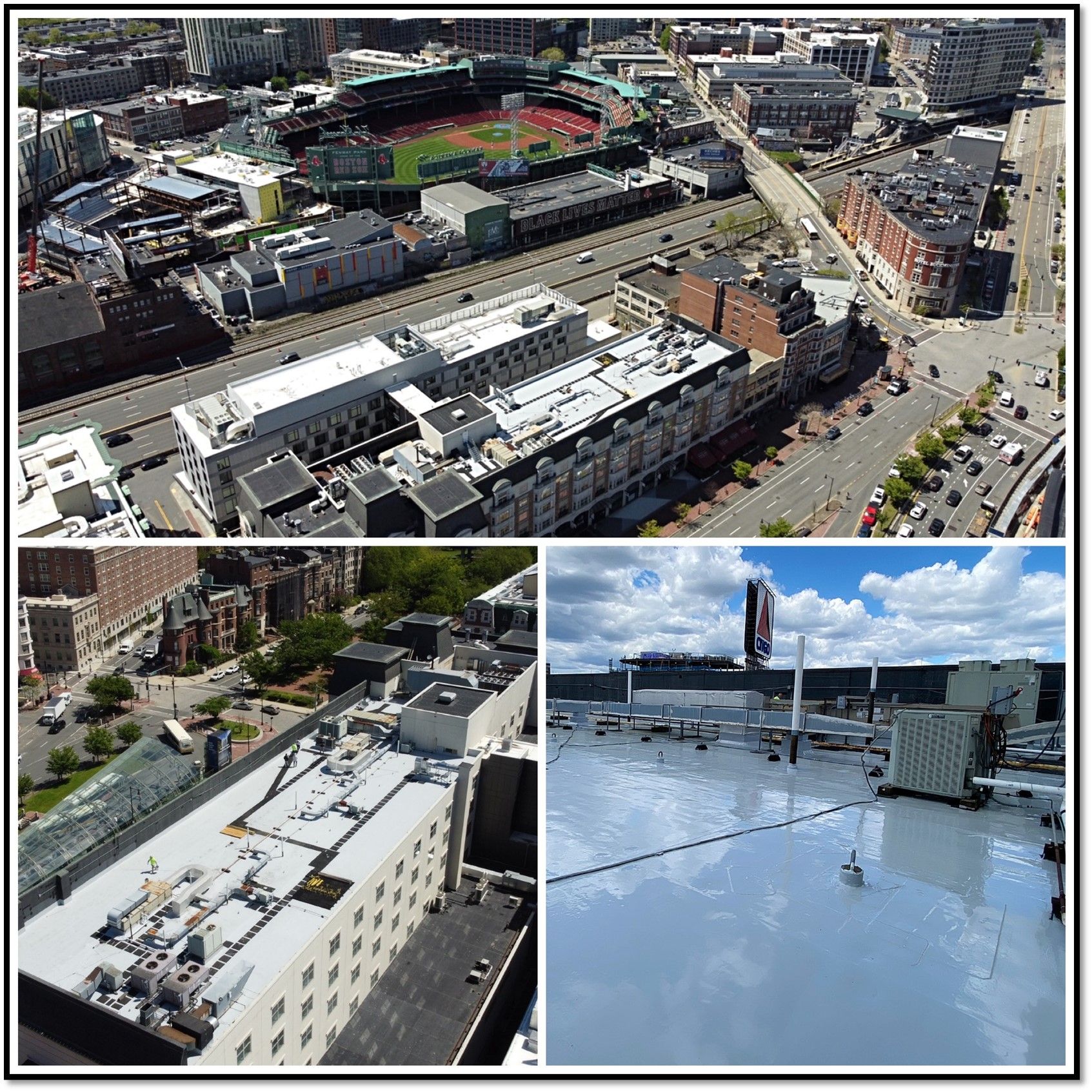 Aerial view of a multi-story, light-colored office building surrounded by parking lots and green space.
