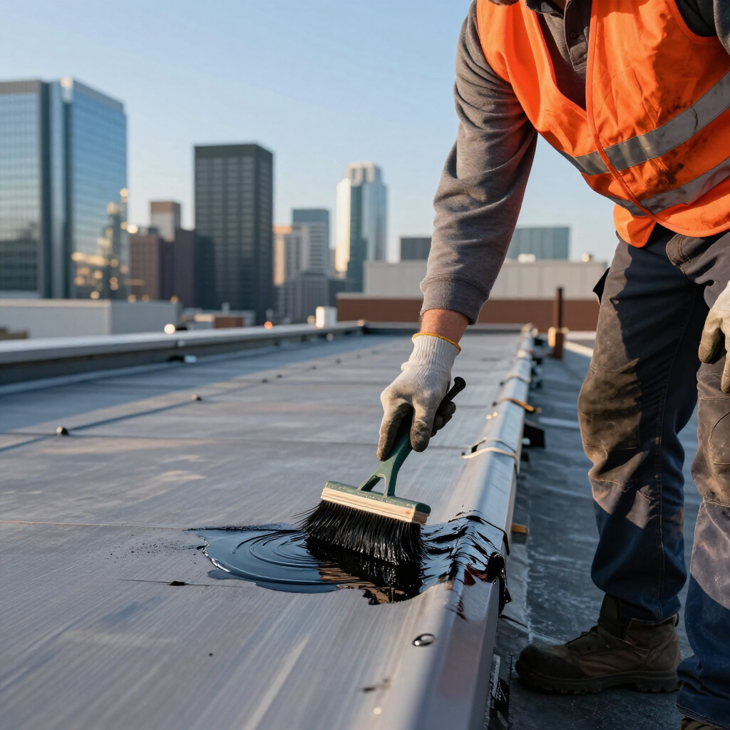 A worker in a high-visibility orange vest uses a brush to apply black sealant to a rooftop with a city skyline behind.