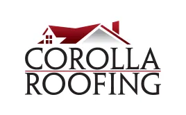Corolla Roofing logo: Red and white roof icon above black text "Corolla Roofing".