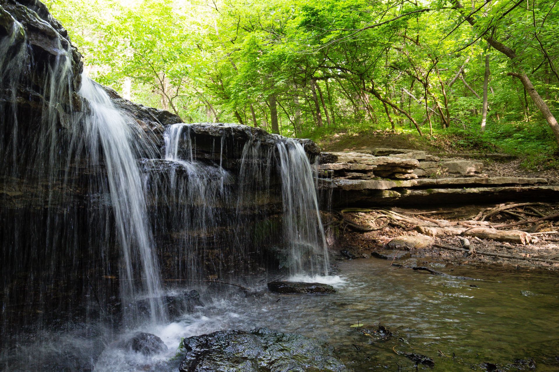 A waterfall is surrounded by trees and rocks in the middle of a forest.