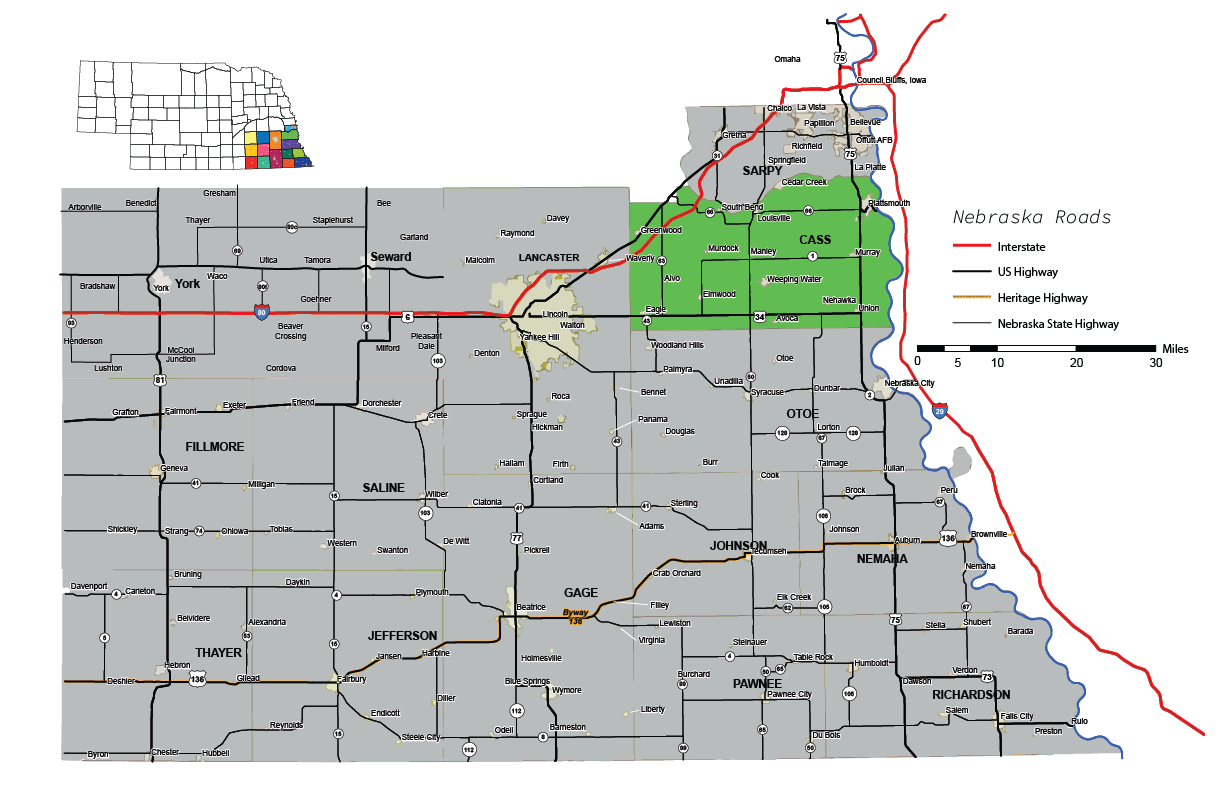 cass county on outheast nebraska map