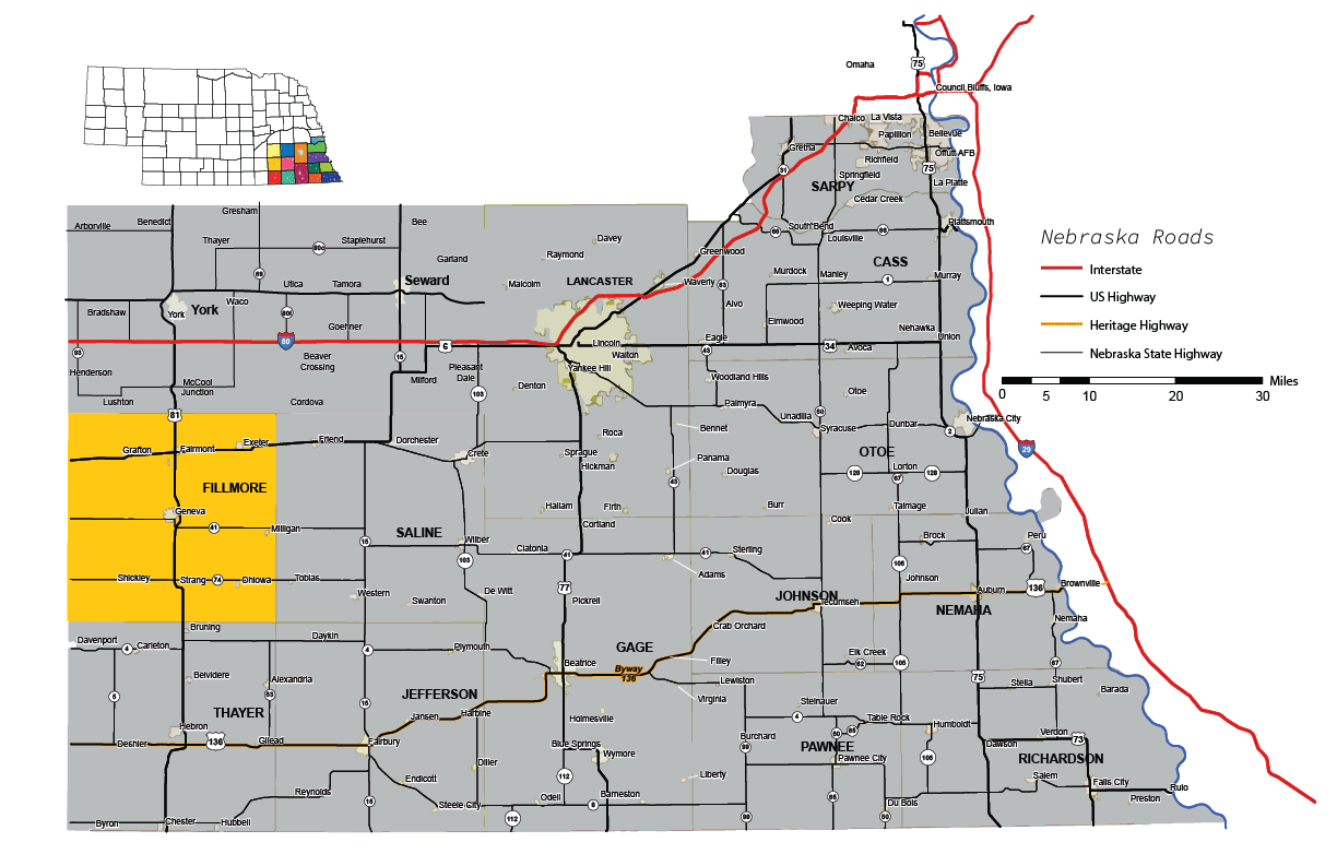 fillmore county on outheast nebraska map