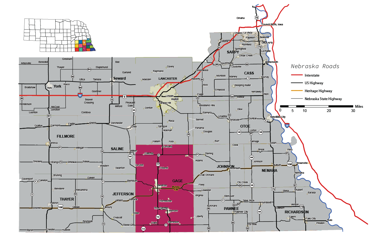 gage county on outheast nebraska map