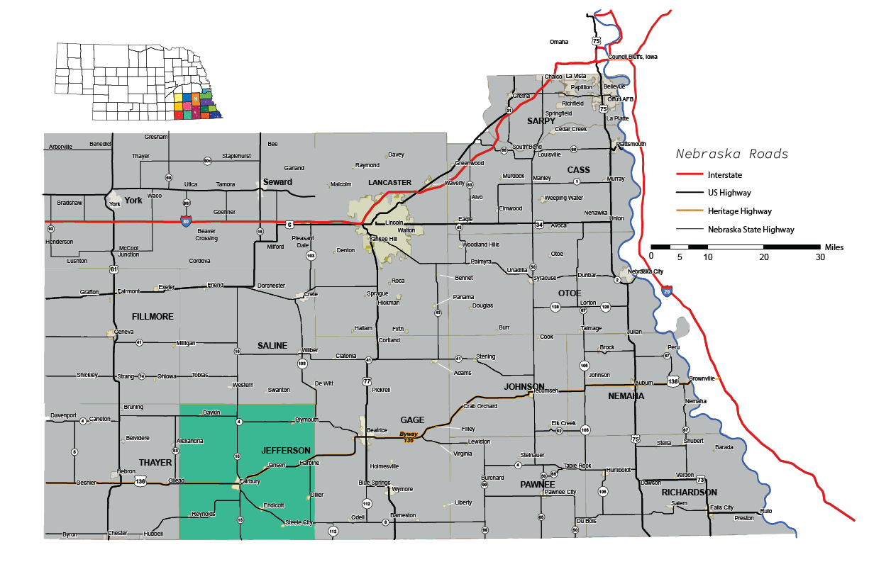 jefferson county on outheast nebraska map