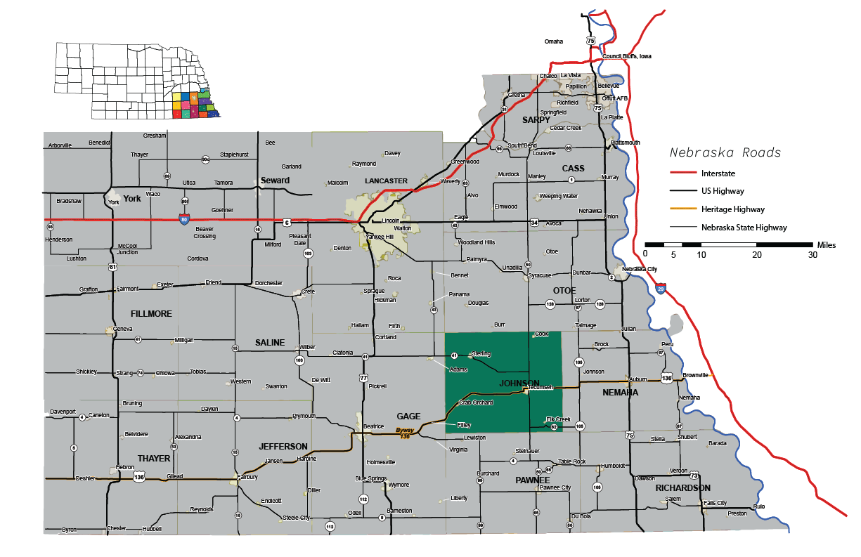 johnson county on outheast nebraska map