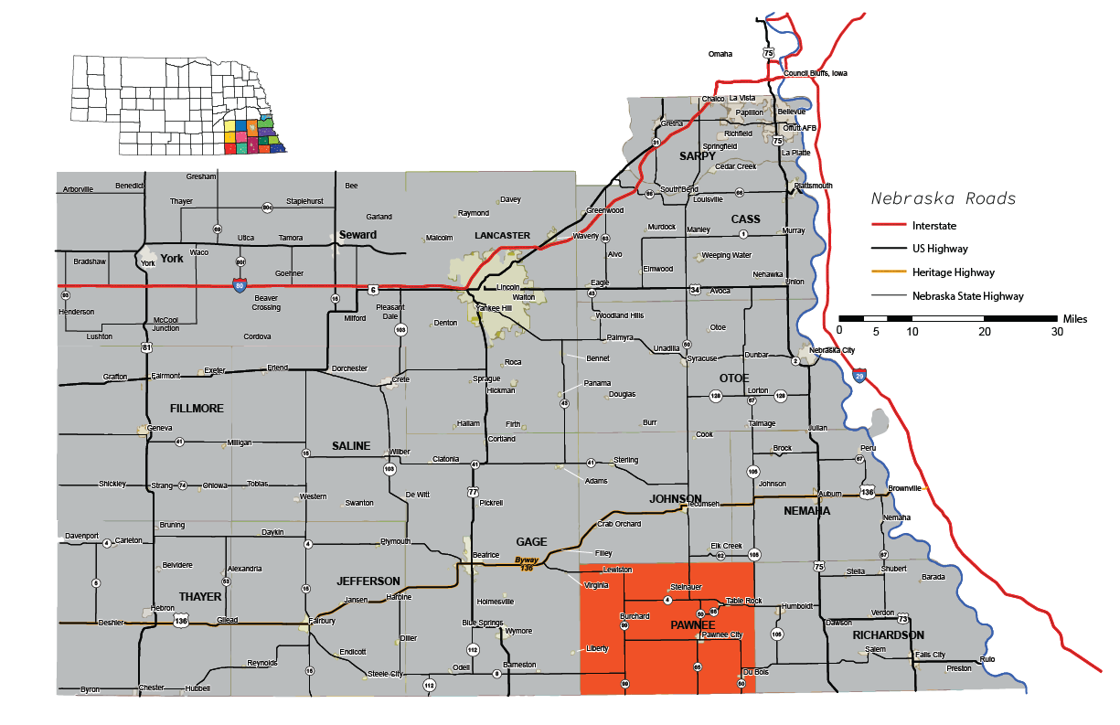 pawnee county on southeast nebraska map