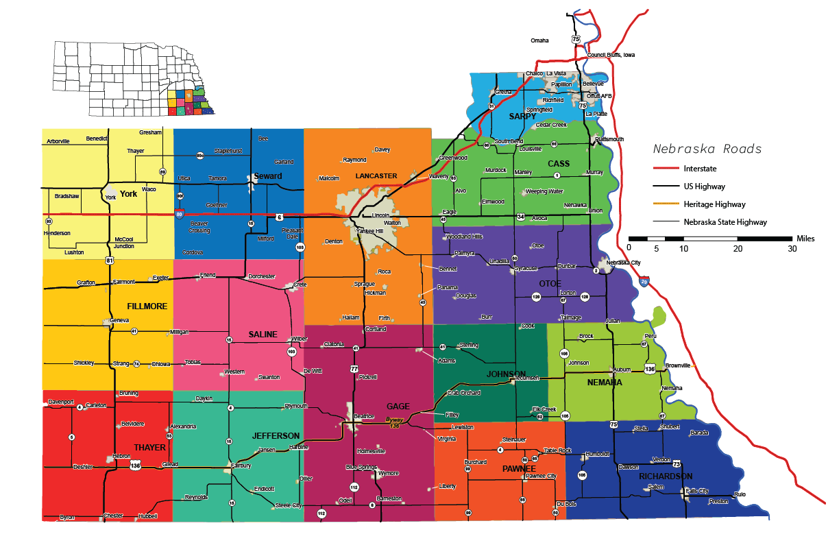 a map of southeast nebraska showing the 14 different counties