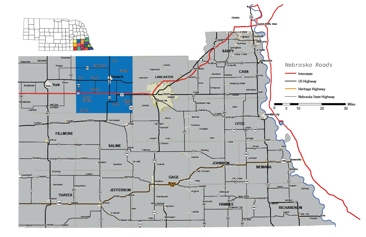 seward county on southeast nebraska map