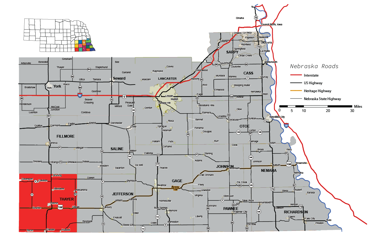 thayer county on southeast nebraska map