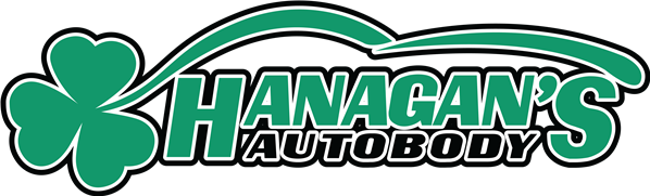 Hanagan's Autobody logo: green shamrock and car outline over the business name in green and white.