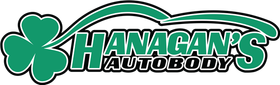Hanagan's Autobody logo: green shamrock and car outline over the business name in green and white.