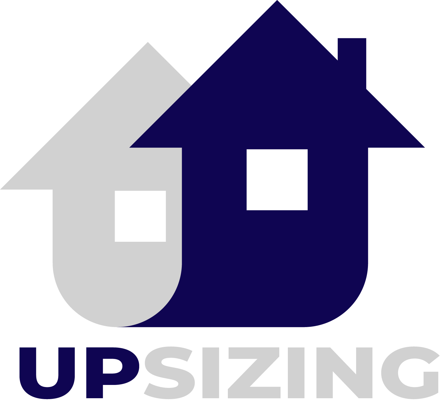 A logo for upsizing with two houses and the word upsizing