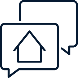 A line drawing of two speech bubbles with a house in the middle.