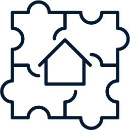 A puzzle with a house and arrow in the middle.