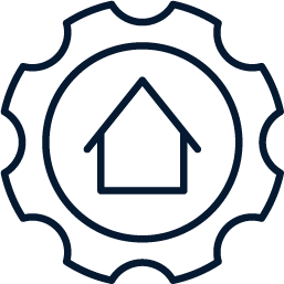 A gear with an arrow pointing up and a house inside of it.