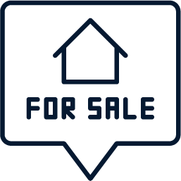 A for sale sign with a house and arrow pointing up.