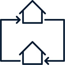 A line drawing of three houses with arrows pointing in opposite directions.