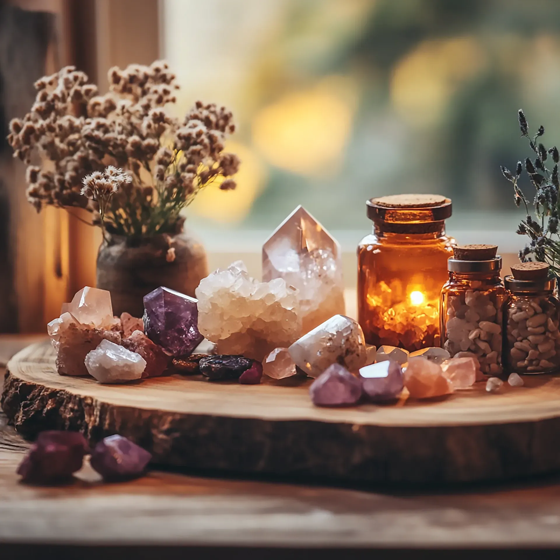 Ein Holztisch mit Kristallen, Kerzen und Blumen.