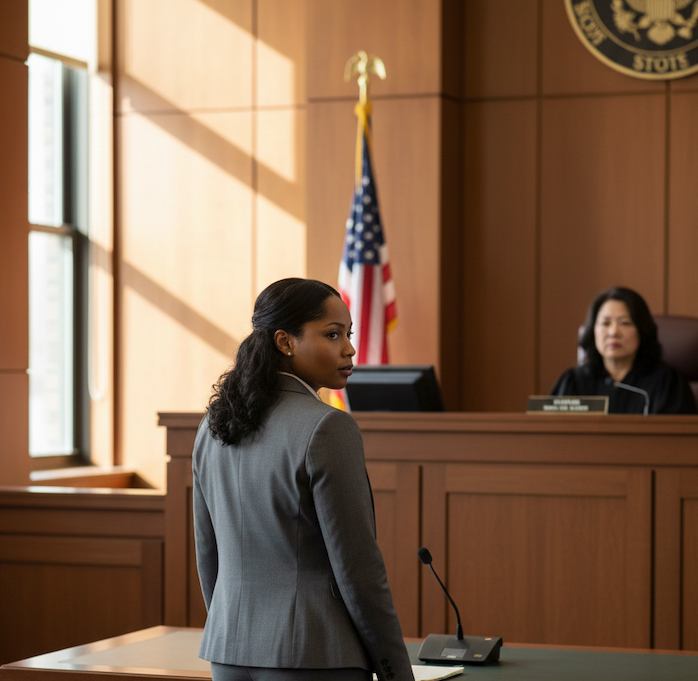 Three smiling friends, diverse, embracing outdoors. Woman in red coat, man in green, other man in jacket. Sunny day.