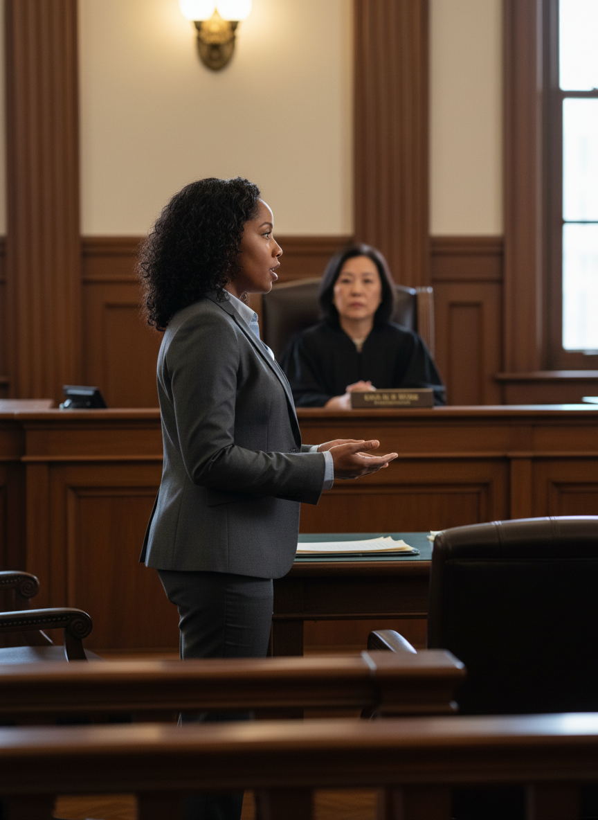 Attorney Bey is presenting in a courtroom.