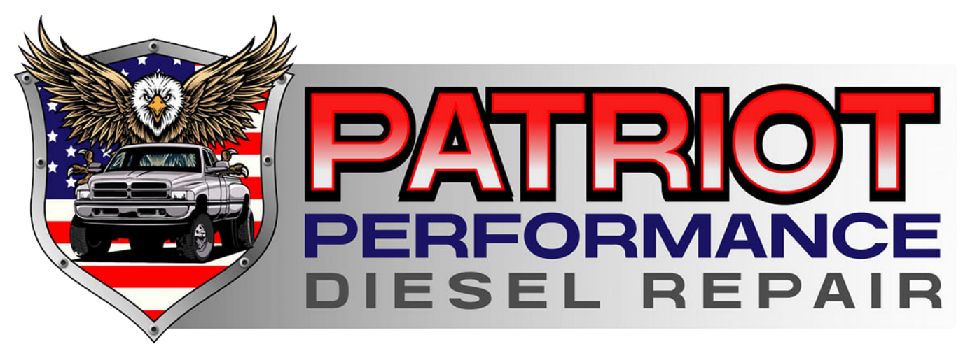 Logo for Patriot Performance Diesel Repair with eagle, American flag, and truck graphic.