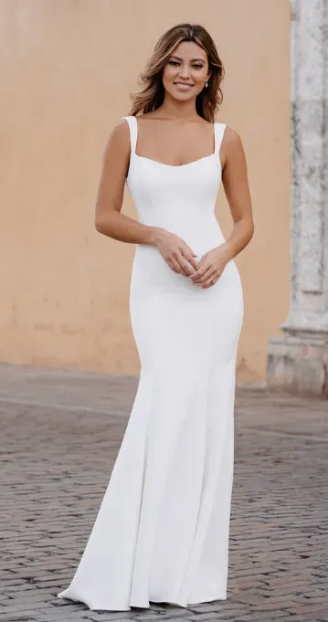 Woman in a white wedding gown, smiling, standing outdoors in front of a beige wall and stone columns.