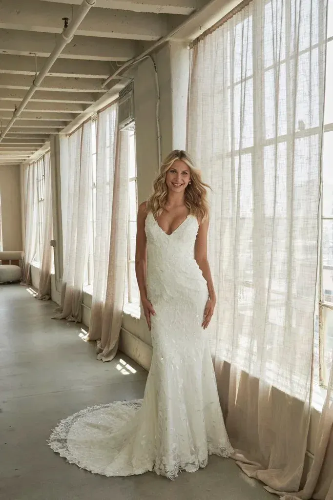 Blonde woman in white wedding dress stands in front of a window, smiles.