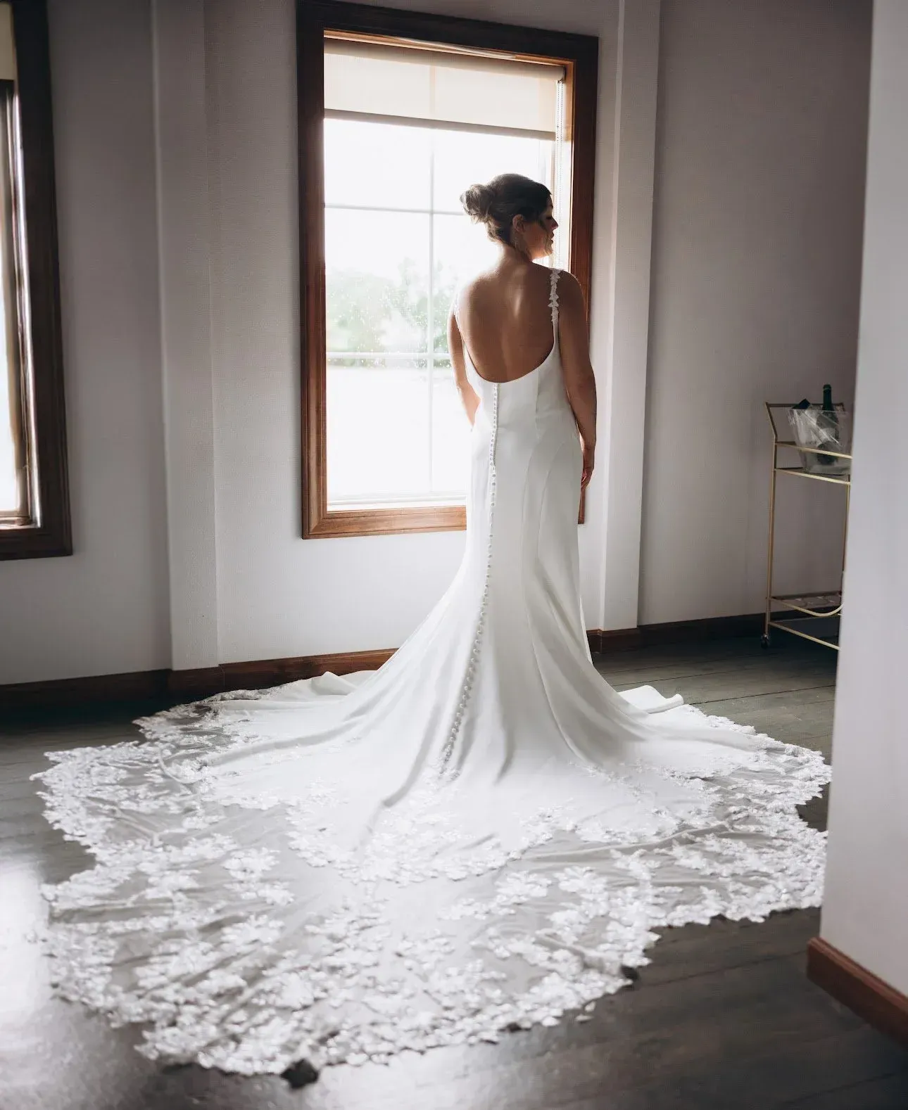 Woman in wedding dress, back to camera, looking out window. Dress has long train with lace detail.