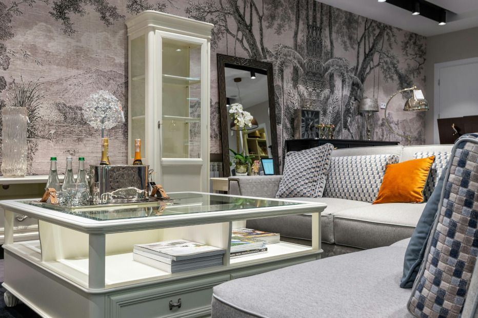 A living room with a couch and a coffee table