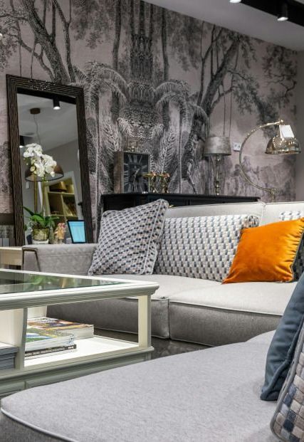 A living room with a couch and a coffee table