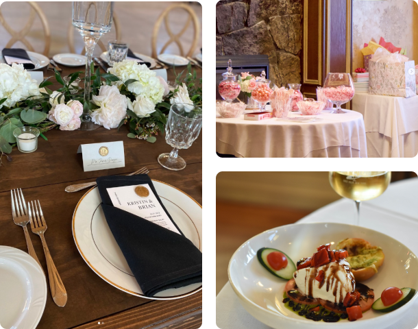 A collage of photos shows a table setting a plate of food and a glass of wine