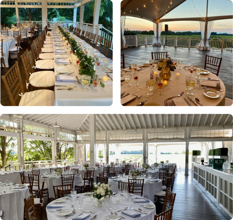 A collage of three pictures of tables and chairs set up for a wedding reception.