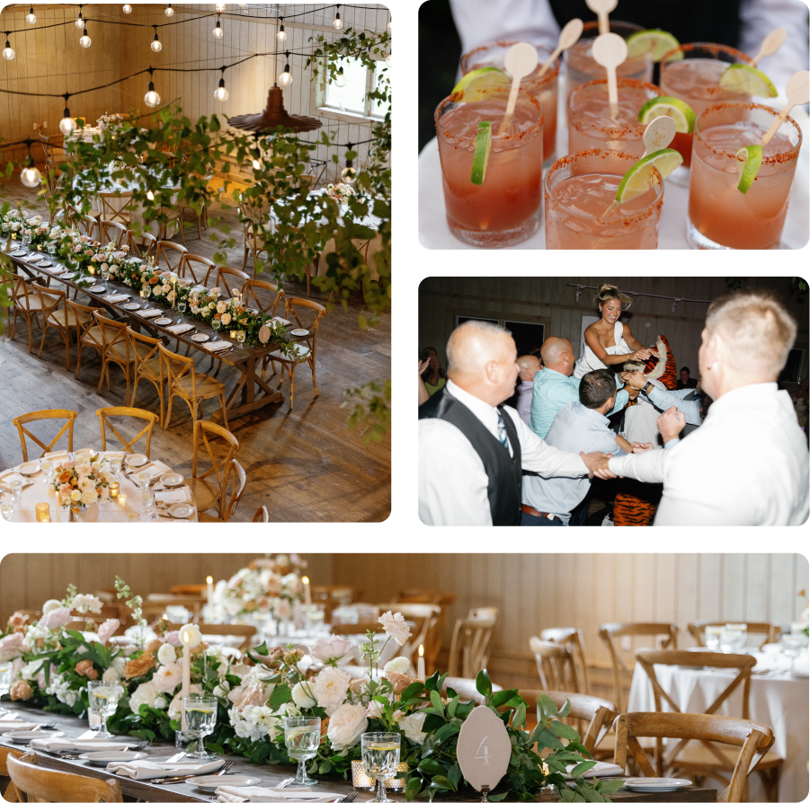 A collage of photos of a wedding reception with a long table