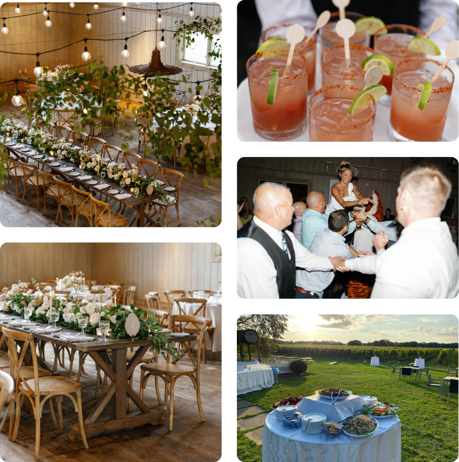 A collage of pictures of a wedding reception