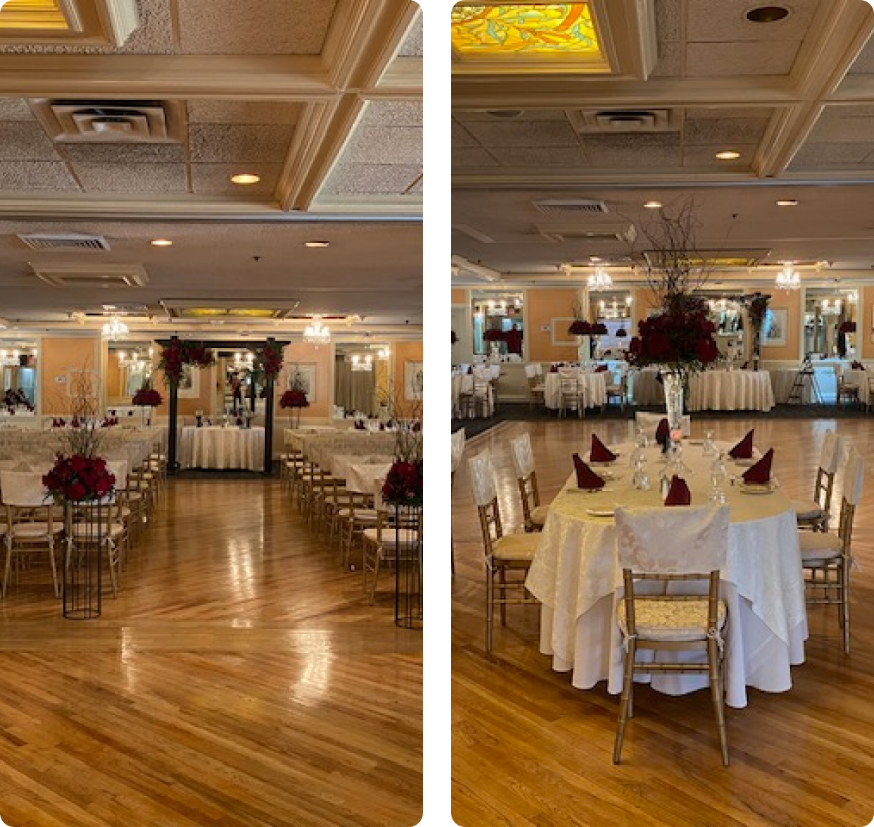 Two pictures of a large room with tables and chairs