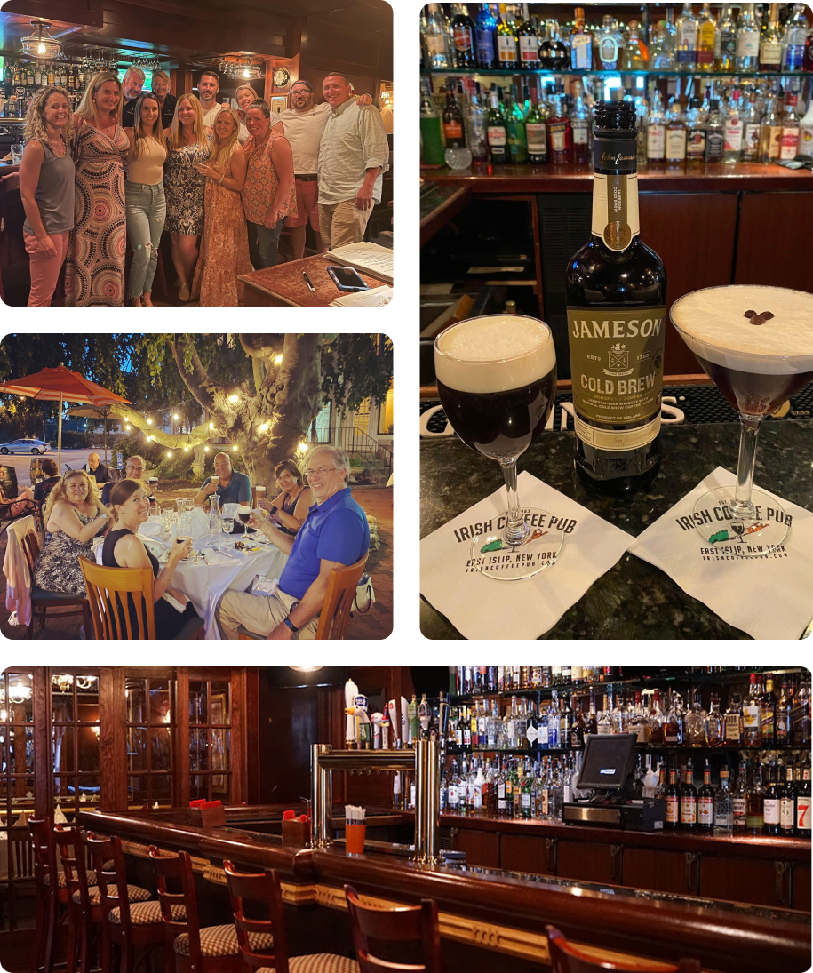 A collage of photos of a bar with a bottle of jameson on the bar.