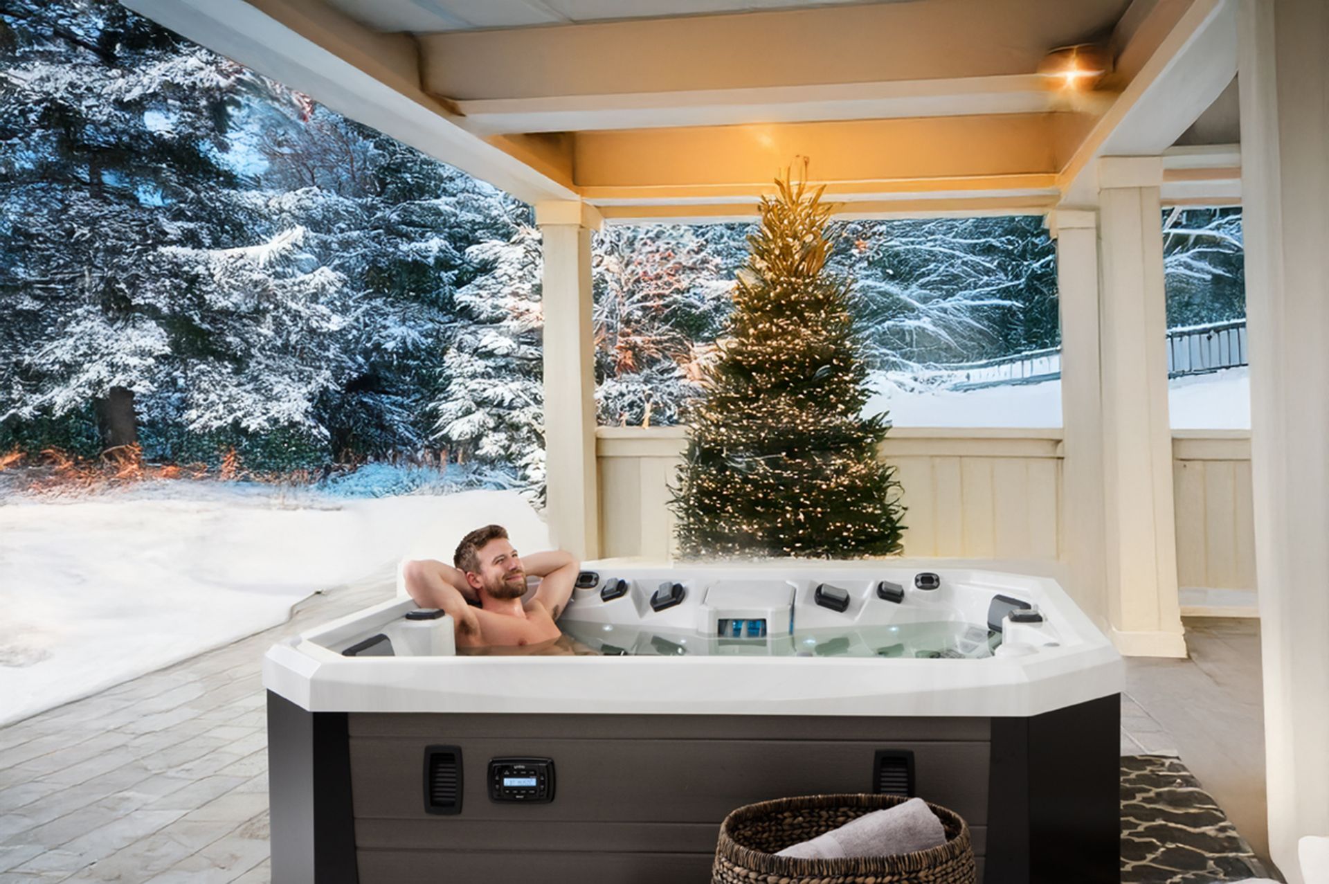 Man relaxing in hot tub in Winter