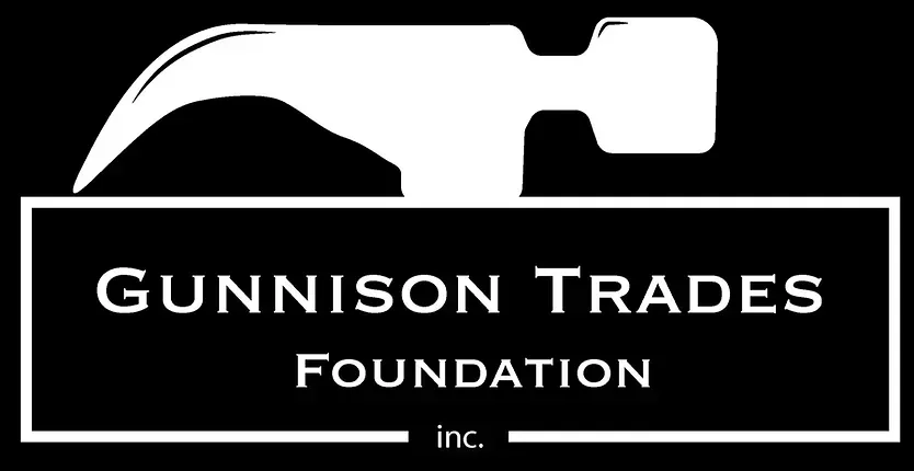 black and white gunnison trades foundation logo with hammer